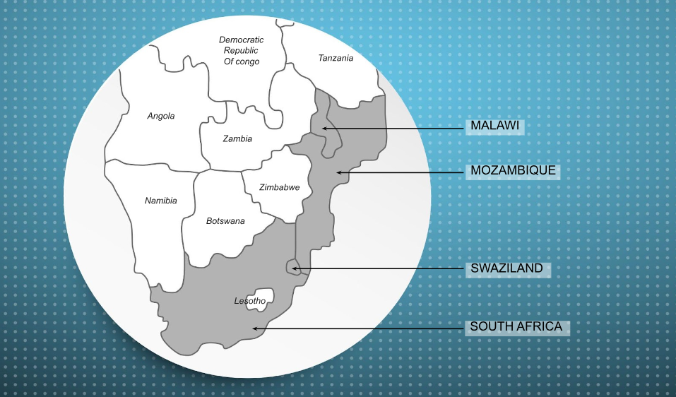 Map of Africa highlighting Malawi, Mozambique, South Africa and Swaziland